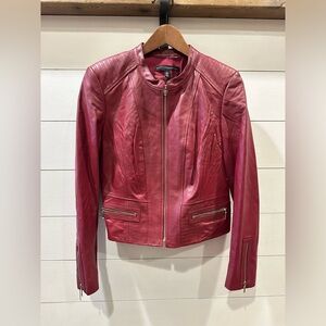 White House Black Market Women's Burgundy Leather Jacket- size Small